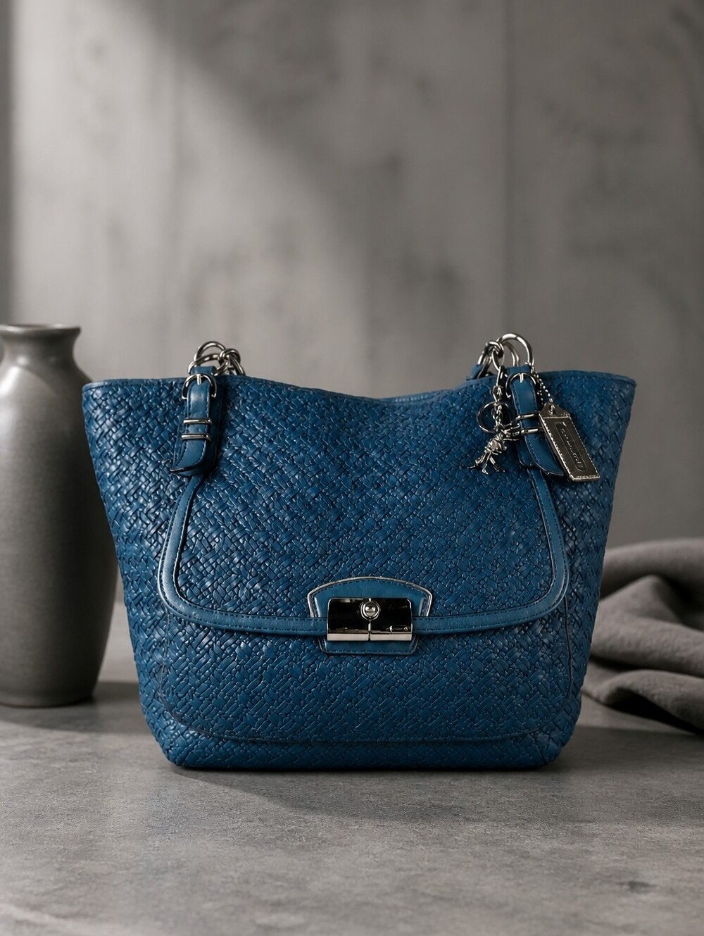 XLG COACH RARE/HTF LTD ED LUXURY KNOT WEAVE KRISTIN TOTE w/COACH REXY CHARM